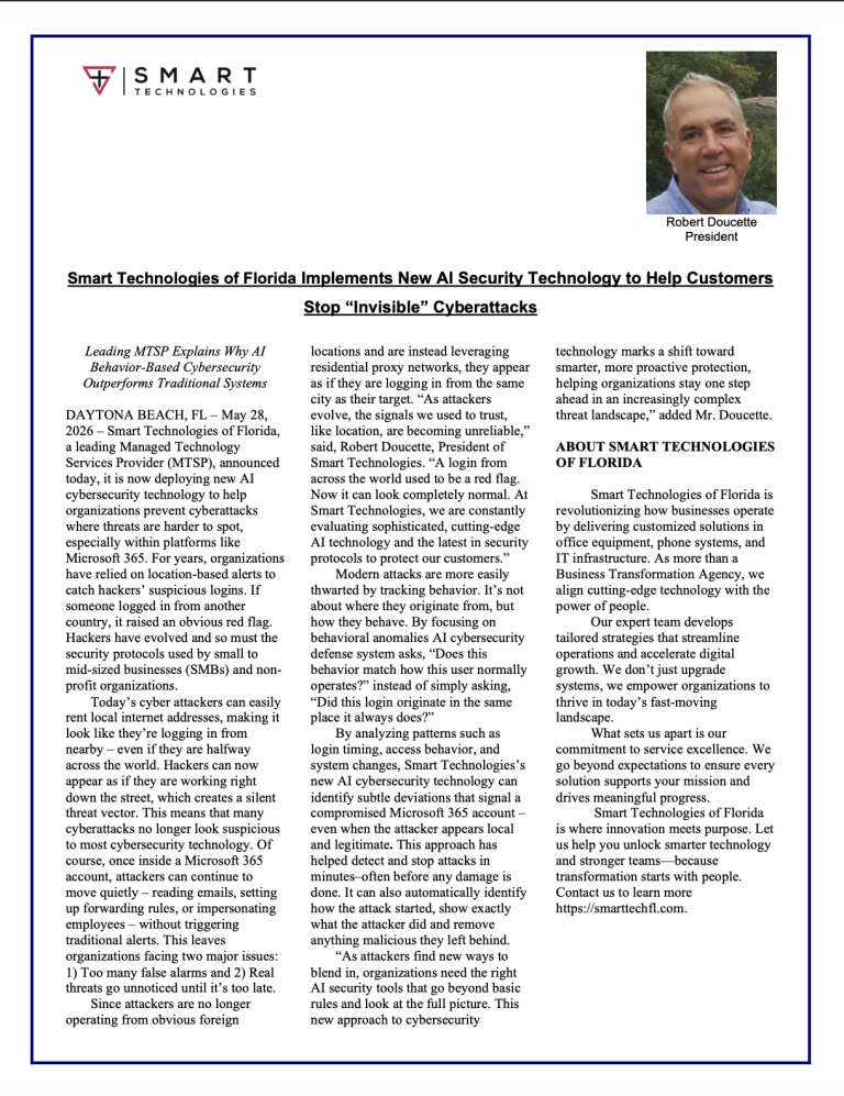 Smart Technologies of Florida Adds AI Cybersecurity to Stop Invisible Microsoft 365 Attacks